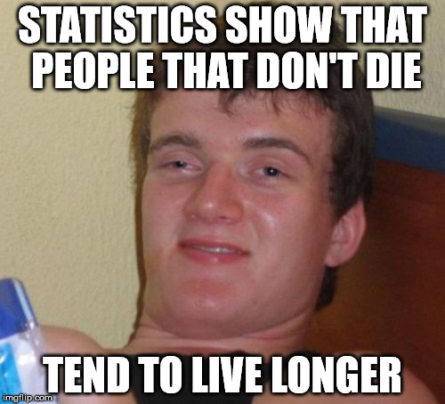 10 Guy | STATISTICS SHOW THAT PEOPLE THAT DON'T DIE TEND TO LIVE LONGER | image tagged in memes,10 guy | made w/ Imgflip meme maker