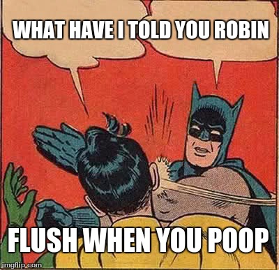 Batman Slapping Robin | WHAT HAVE I TOLD YOU ROBIN FLUSH WHEN YOU POOP | image tagged in memes,batman slapping robin | made w/ Imgflip meme maker
