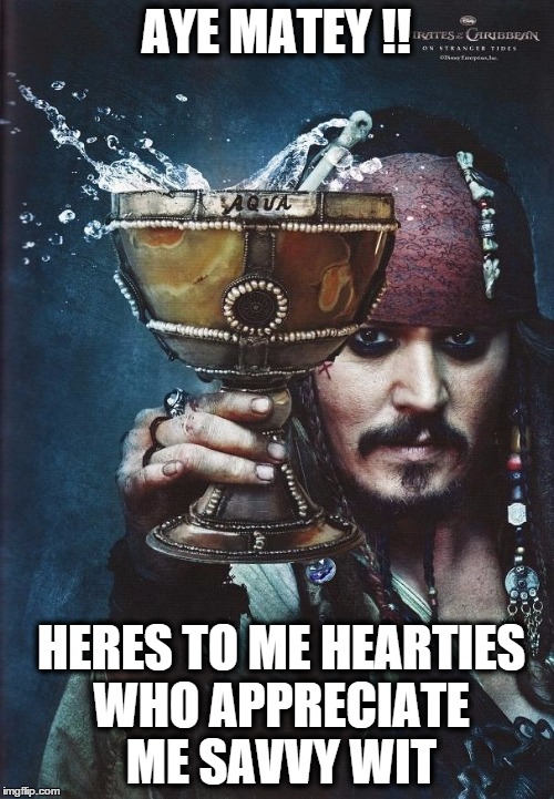 jack sparrow | AYE MATEY !! HERES TO ME HEARTIES WHO APPRECIATE ME SAVVY WIT | image tagged in jack sparrow | made w/ Imgflip meme maker