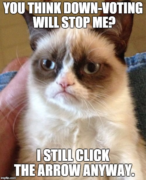 Grumpy Cat Meme | YOU THINK DOWN-VOTING WILL STOP ME? I STILL CLICK THE ARROW ANYWAY. | image tagged in memes,grumpy cat | made w/ Imgflip meme maker