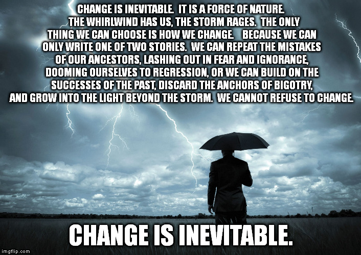 I Am The Storm | CHANGE IS INEVITABLE.  IT IS A FORCE OF NATURE.   THE WHIRLWIND HAS US, THE STORM RAGES.  THE ONLY THING WE CAN CHOOSE IS HOW WE CHANGE.   | image tagged in i am the storm | made w/ Imgflip meme maker