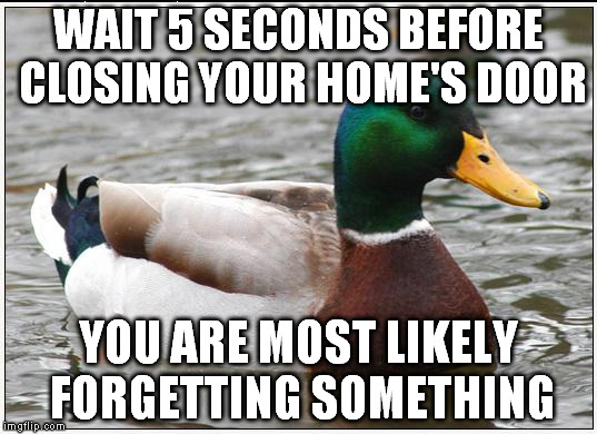 Actual Advice Mallard Meme | WAIT 5 SECONDS BEFORE CLOSING YOUR HOME'S DOOR YOU ARE MOST LIKELY FORGETTING SOMETHING | image tagged in memes,actual advice mallard | made w/ Imgflip meme maker