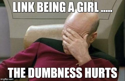 Captain Picard Facepalm | LINK BEING A GIRL ..... THE DUMBNESS HURTS | image tagged in memes,captain picard facepalm | made w/ Imgflip meme maker