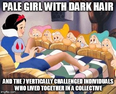 Snow white | PALE GIRL WITH DARK HAIR AND THE 7 VERTICALLY CHALLENGED INDIVIDUALS WHO LIVED TOGETHER IN A COLLECTIVE | image tagged in snow white | made w/ Imgflip meme maker