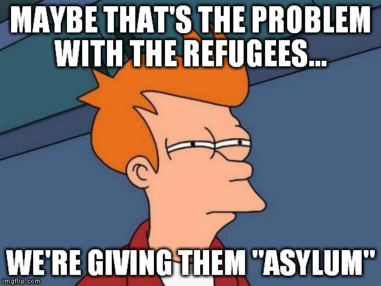 Futurama Fry Meme | MAYBE THAT'S THE PROBLEM WITH THE REFUGEES... WE'RE GIVING THEM "ASYLUM" | image tagged in memes,futurama fry | made w/ Imgflip meme maker