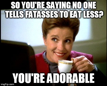 Janeway | SO YOU'RE SAYING NO ONE TELLS FATASSES TO EAT LESS? YOU'RE ADORABLE | image tagged in janeway | made w/ Imgflip meme maker