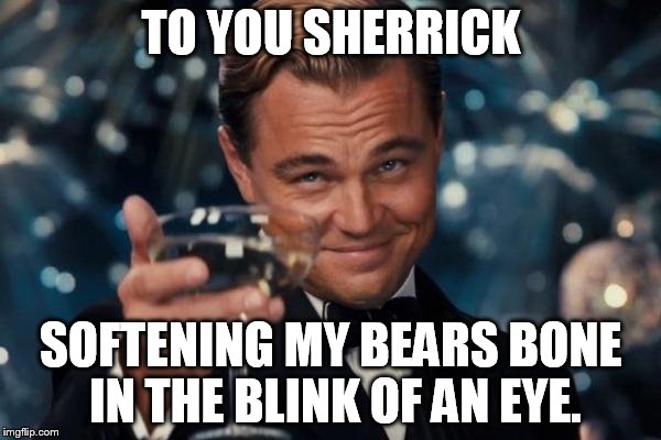 Leonardo Dicaprio Cheers Meme | TO YOU SHERRICK SOFTENING MY BEARS BONE IN THE BLINK OF AN EYE. | image tagged in memes,leonardo dicaprio cheers | made w/ Imgflip meme maker