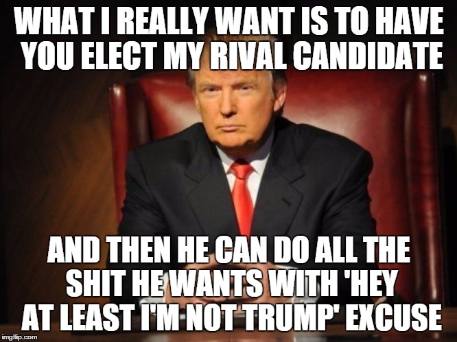 donald trump | WHAT I REALLY WANT IS TO HAVE YOU ELECT MY RIVAL CANDIDATE AND THEN HE CAN DO ALL THE SHIT HE WANTS WITH 'HEY AT LEAST I'M NOT TRUMP' EXCUSE | image tagged in donald trump | made w/ Imgflip meme maker
