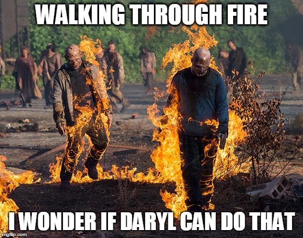 The Walking Dead | WALKING THROUGH FIRE I WONDER IF DARYL CAN DO THAT | image tagged in the walking dead | made w/ Imgflip meme maker