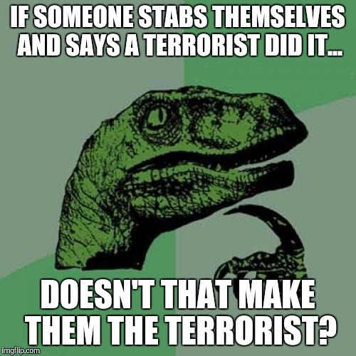 Philosoraptor | IF SOMEONE STABS THEMSELVES AND SAYS A TERRORIST DID IT... DOESN'T THAT MAKE THEM THE TERRORIST? | image tagged in memes,philosoraptor | made w/ Imgflip meme maker
