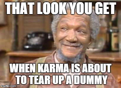 Karma for Dummies | THAT LOOK YOU GET WHEN KARMA IS ABOUT TO TEAR UP A DUMMY | image tagged in karma,fred sanford,dummy,funny memes | made w/ Imgflip meme maker