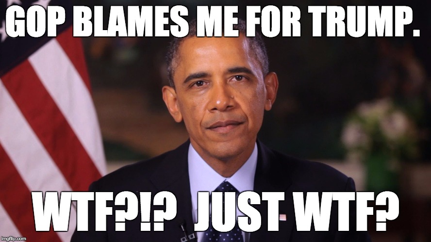 Irritated Obama | GOP BLAMES ME FOR TRUMP. WTF?!?  JUST WTF? | image tagged in irritated obama | made w/ Imgflip meme maker