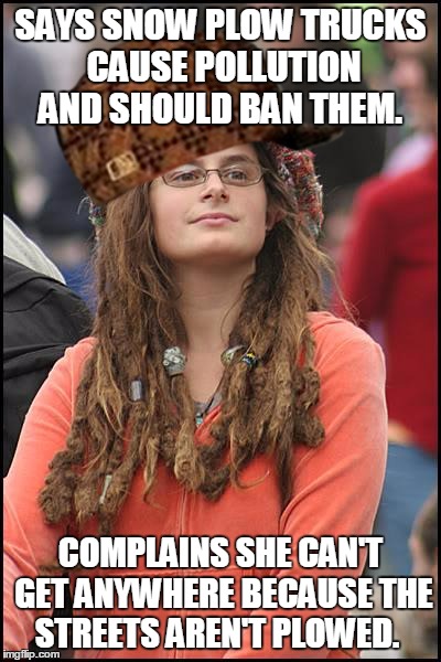 College Liberal | SAYS SNOW PLOW TRUCKS CAUSE POLLUTION AND SHOULD BAN THEM. COMPLAINS SHE CAN'T GET ANYWHERE BECAUSE THE STREETS AREN'T PLOWED. | image tagged in memes,college liberal,scumbag,snow,pollution,diesel | made w/ Imgflip meme maker