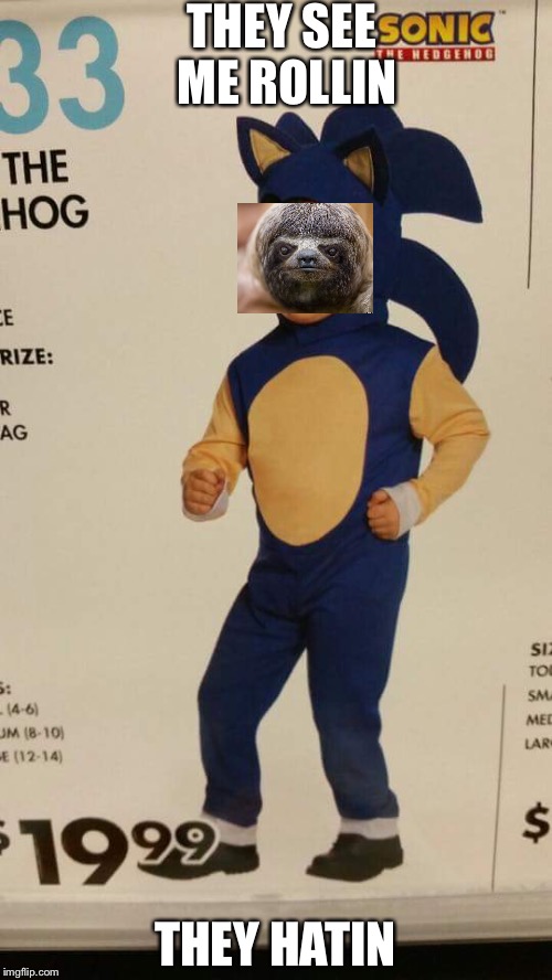 Sonic sloth | THEY SEE ME ROLLIN THEY HATIN | image tagged in sanic kid,sloth | made w/ Imgflip meme maker