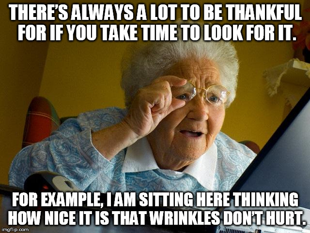 Grandma Finds The Internet | THERE’S ALWAYS A LOT TO BE THANKFUL FOR IF YOU TAKE TIME TO LOOK FOR IT. FOR EXAMPLE, I AM SITTING HERE THINKING HOW NICE IT IS THAT WRINKLE | image tagged in memes,grandma finds the internet | made w/ Imgflip meme maker