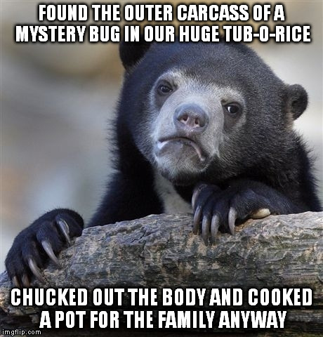 Still alive 7 hours later ... validation | FOUND THE OUTER CARCASS OF A MYSTERY BUG IN OUR HUGE TUB-O-RICE CHUCKED OUT THE BODY AND COOKED A POT FOR THE FAMILY ANYWAY | image tagged in memes,confession bear,shhh,don't tell,protein shells | made w/ Imgflip meme maker