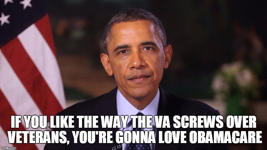 Irritated Obama | IF YOU LIKE THE WAY THE VA SCREWS OVER VETERANS, YOU'RE GONNA LOVE OBAMACARE | image tagged in irritated obama | made w/ Imgflip meme maker