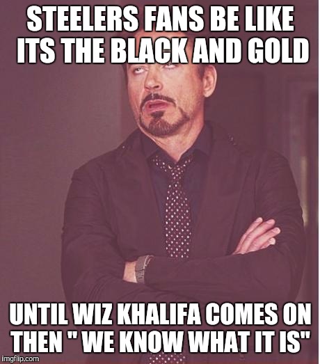 Face You Make Robert Downey Jr Meme | STEELERS FANS BE LIKE ITS THE BLACK AND GOLD UNTIL WIZ KHALIFA COMES ON THEN " WE KNOW WHAT IT IS" | image tagged in memes,face you make robert downey jr | made w/ Imgflip meme maker