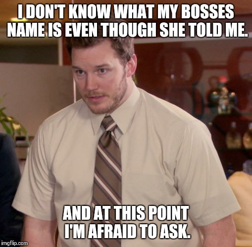 Afraid To Ask Andy Meme | I DON'T KNOW WHAT MY BOSSES NAME IS EVEN THOUGH SHE TOLD ME. AND AT THIS POINT I'M AFRAID TO ASK. | image tagged in memes,afraid to ask andy,AdviceAnimals | made w/ Imgflip meme maker