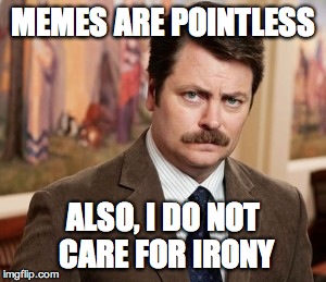 Ron Swanson | MEMES ARE POINTLESS ALSO, I DO NOT CARE FOR IRONY | image tagged in memes,ron swanson | made w/ Imgflip meme maker