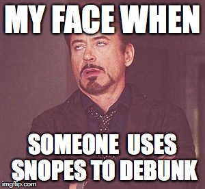 snopes | MY FACE WHEN SOMEONE  USES SNOPES TO DEBUNK | image tagged in snopes | made w/ Imgflip meme maker