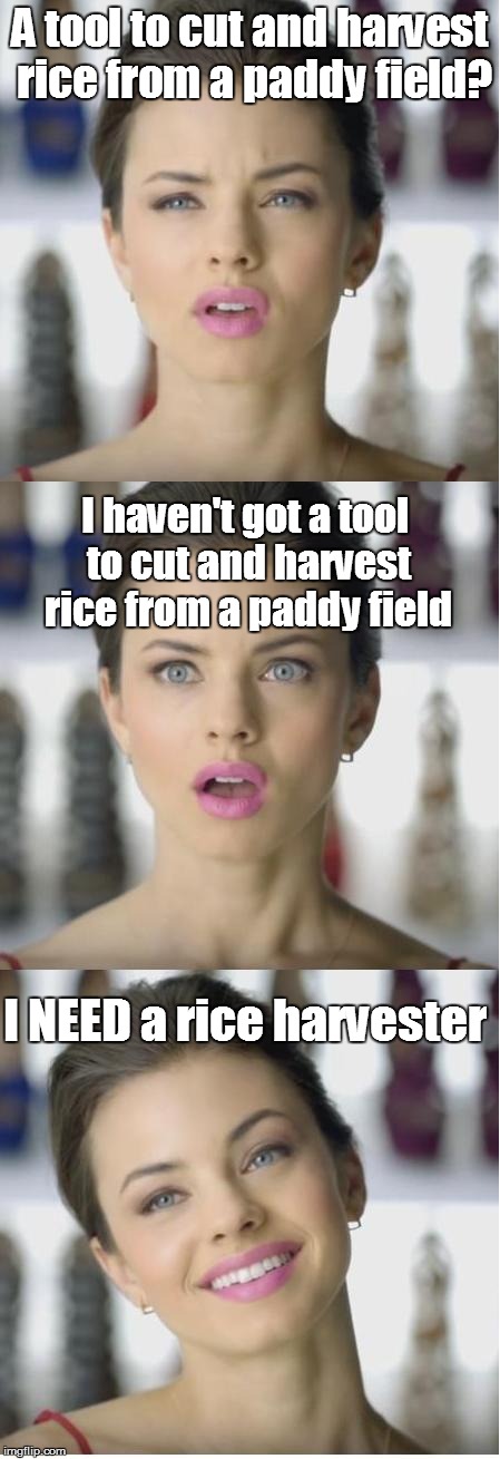 Rice doesn't grow in my country | A tool to cut and harvest rice from a paddy field? I haven't got a tool to cut and harvest rice from a paddy field I NEED a rice harvester | image tagged in periwinkle,first world problems,tool,men | made w/ Imgflip meme maker