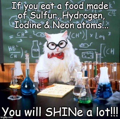 Chemistry Cat | If you eat a food made of Sulfur, Hydrogen, Iodine & Neon atoms... You will SHINe a lot!!! | image tagged in memes,chemistry cat,shine,food,elements,hydrogen | made w/ Imgflip meme maker