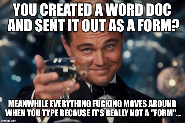 Leonardo Dicaprio Cheers Meme | YOU CREATED A WORD DOC AND SENT IT OUT AS A FORM? MEANWHILE EVERYTHING F**KING MOVES AROUND WHEN YOU TYPE BECAUSE IT'S REALLY NOT A "FORM".. | image tagged in memes,leonardo dicaprio cheers | made w/ Imgflip meme maker