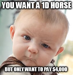 Skeptical Baby | YOU WANT A 1D HORSE BUT ONLY WANT TO PAY $4,000 | image tagged in memes,skeptical baby,barrel racer problems,barrel racing,1d horse,barrel horse | made w/ Imgflip meme maker