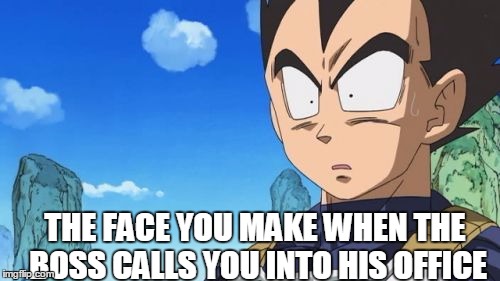 Surprized Vegeta Meme | THE FACE YOU MAKE WHEN THE BOSS CALLS YOU INTO HIS OFFICE | image tagged in memes,surprized vegeta | made w/ Imgflip meme maker