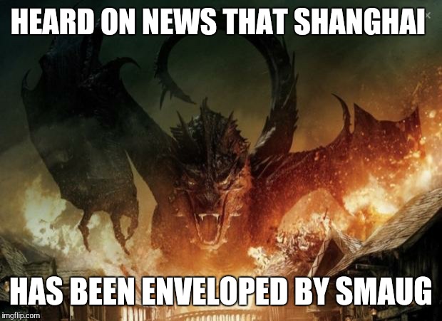 Wow. And I thought Chinese dragons were myths.  | HEARD ON NEWS THAT SHANGHAI HAS BEEN ENVELOPED BY SMAUG | image tagged in smaug 3 | made w/ Imgflip meme maker