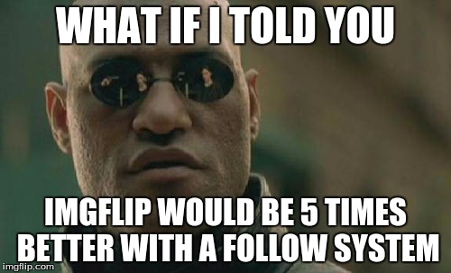 please? | WHAT IF I TOLD YOU IMGFLIP WOULD BE 5 TIMES BETTER WITH A FOLLOW SYSTEM | image tagged in memes,matrix morpheus | made w/ Imgflip meme maker