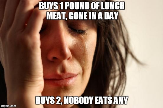 First World Problems Meme | BUYS 1 POUND OF LUNCH MEAT, GONE IN A DAY BUYS 2, NOBODY EATS ANY | image tagged in memes,first world problems | made w/ Imgflip meme maker