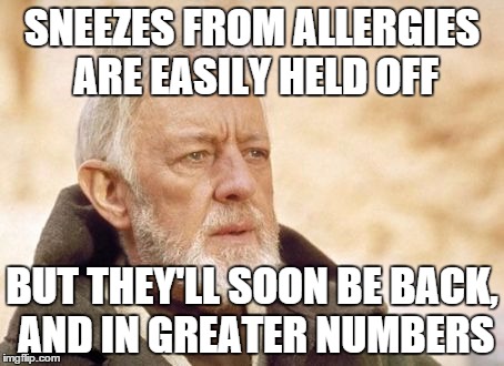 Obi Wan Kenobi Meme | SNEEZES FROM ALLERGIES ARE EASILY HELD OFF BUT THEY'LL SOON BE BACK, AND IN GREATER NUMBERS | image tagged in memes,obi wan kenobi | made w/ Imgflip meme maker