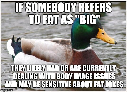 Actual Advice Mallard Meme | IF SOMEBODY REFERS TO FAT AS "BIG" THEY LIKELY HAD OR ARE CURRENTLY DEALING WITH BODY IMAGE ISSUES AND MAY BE SENSITIVE ABOUT FAT JOKES | image tagged in memes,actual advice mallard,AdviceAnimals | made w/ Imgflip meme maker