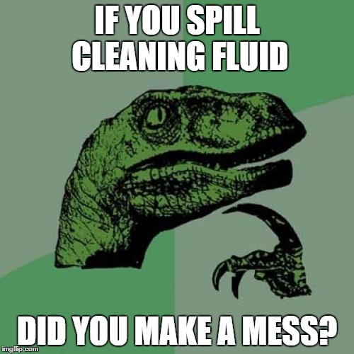 Philosoraptor Meme | IF YOU SPILL CLEANING FLUID DID YOU MAKE A MESS? | image tagged in memes,philosoraptor | made w/ Imgflip meme maker