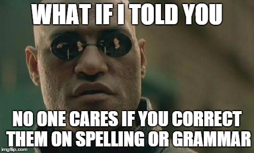 Matrix Morpheus | WHAT IF I TOLD YOU NO ONE CARES IF YOU CORRECT THEM ON SPELLING OR GRAMMAR | image tagged in memes,matrix morpheus | made w/ Imgflip meme maker