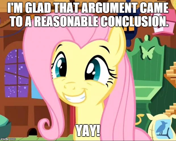 Happy Fluttershy | I'M GLAD THAT ARGUMENT CAME TO A REASONABLE CONCLUSION. YAY! | image tagged in happy fluttershy | made w/ Imgflip meme maker