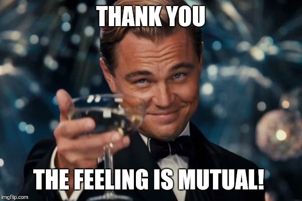 Leonardo Dicaprio Cheers Meme | THANK YOU THE FEELING IS MUTUAL! | image tagged in memes,leonardo dicaprio cheers | made w/ Imgflip meme maker