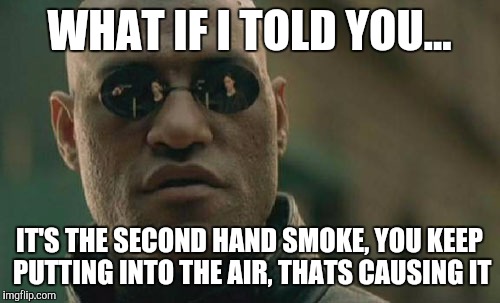 Matrix Morpheus | WHAT IF I TOLD YOU... IT'S THE SECOND HAND SMOKE, YOU KEEP PUTTING INTO THE AIR, THATS CAUSING IT | image tagged in memes,matrix morpheus,AdviceAnimals | made w/ Imgflip meme maker