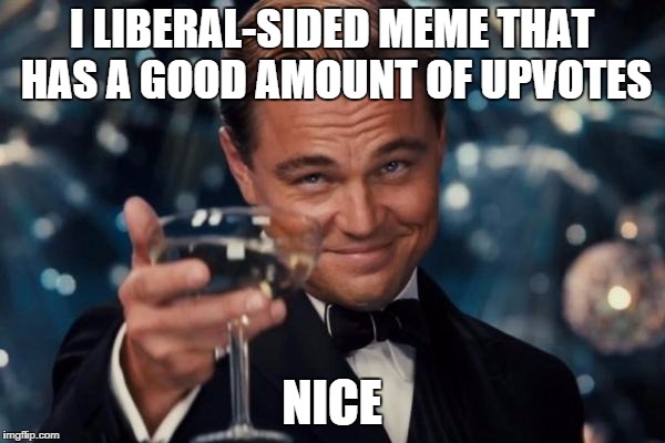 Leonardo Dicaprio Cheers Meme | I LIBERAL-SIDED MEME THAT HAS A GOOD AMOUNT OF UPVOTES NICE | image tagged in memes,leonardo dicaprio cheers | made w/ Imgflip meme maker