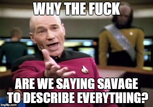 Picard Wtf Meme | WHY THE F**K ARE WE SAYING SAVAGE TO DESCRIBE EVERYTHING? | image tagged in memes,picard wtf | made w/ Imgflip meme maker