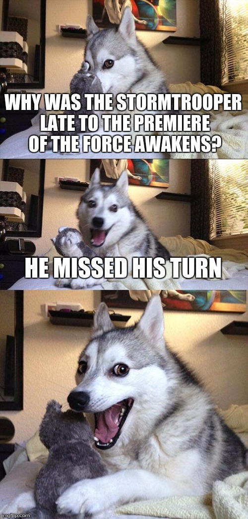May the Force be with all imgflippers! | WHY WAS THE STORMTROOPER LATE TO THE PREMIERE OF THE FORCE AWAKENS? HE MISSED HIS TURN | image tagged in memes,bad pun dog,star wars,stormtrooper | made w/ Imgflip meme maker