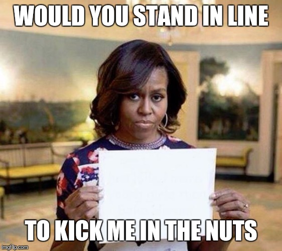 Michelle Obama blank sheet | WOULD YOU STAND IN LINE TO KICK ME IN THE NUTS | image tagged in michelle obama blank sheet | made w/ Imgflip meme maker