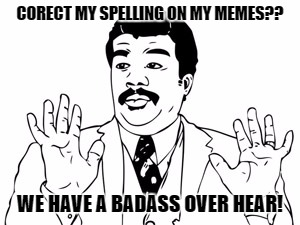 Neil deGrasse Tyson | CORECT MY SPELLING ON MY MEMES?? WE HAVE A BADASS OVER HEAR! | image tagged in memes,neil degrasse tyson | made w/ Imgflip meme maker