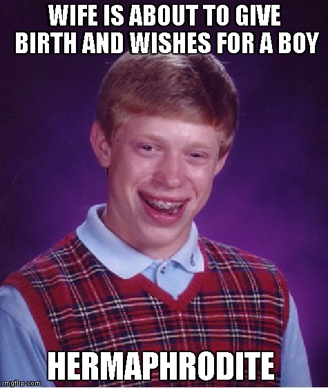 Bad Luck Brain | WIFE IS ABOUT TO GIVE BIRTH AND WISHES FOR A BOY HERMAPHRODITE | image tagged in memes,bad luck brian,his son,brian,bad luck,hermaphrodite | made w/ Imgflip meme maker