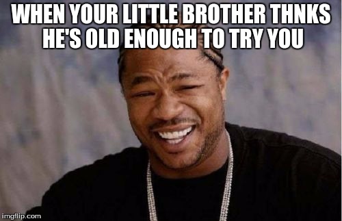Yo Dawg Heard You Meme | WHEN YOUR LITTLE BROTHER THNKS HE'S OLD ENOUGH TO TRY YOU | image tagged in memes,yo dawg heard you | made w/ Imgflip meme maker