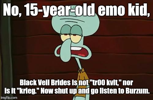 OMG BVB is the darkest black metal ever! tr00 kvlt! BVB ist krieg! | No, 15-year-old emo kid, Black Veil Brides is not "tr00 kvlt," nor is it "krieg."
Now shut up and go listen to Burzum. | image tagged in no patrick mayonnaise is not a instrument | made w/ Imgflip meme maker