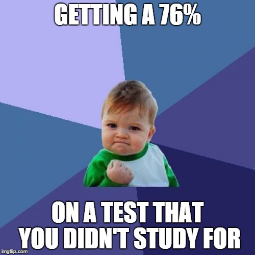 Success Kid | GETTING A 76% ON A TEST THAT YOU DIDN'T STUDY FOR | image tagged in memes,success kid | made w/ Imgflip meme maker