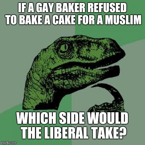 Philosoraptor | IF A GAY BAKER REFUSED TO BAKE A CAKE FOR A MUSLIM WHICH SIDE WOULD THE LIBERAL TAKE? | image tagged in memes,philosoraptor | made w/ Imgflip meme maker